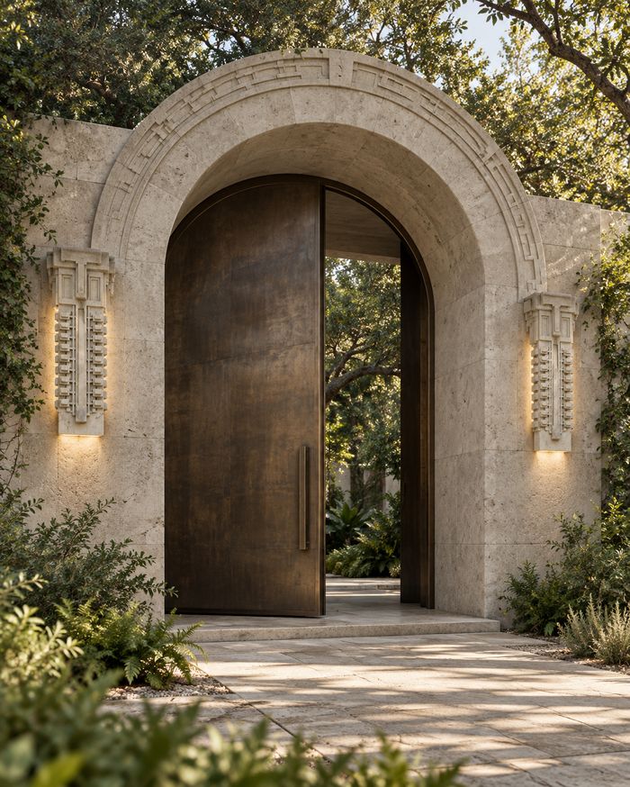 Cast stone arched gateway with stone sconces