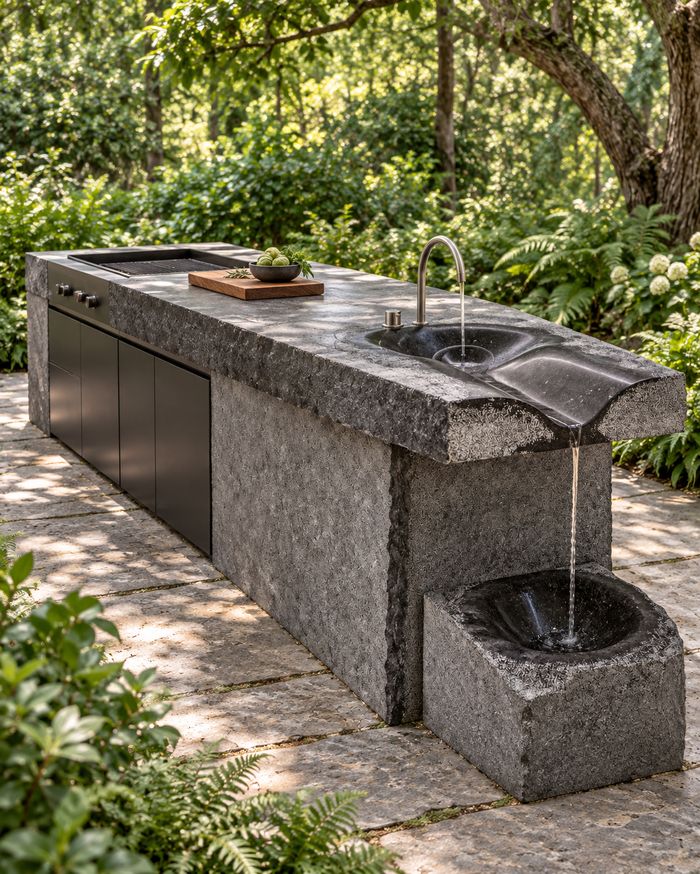 Dark cast stone outdoor kitchen with sculpted sink