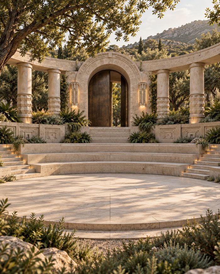 Cast stone amphitheater and colonnade in a hillside landscape
