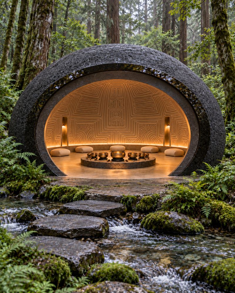 Resonant chamber shell in a forest beside a stream