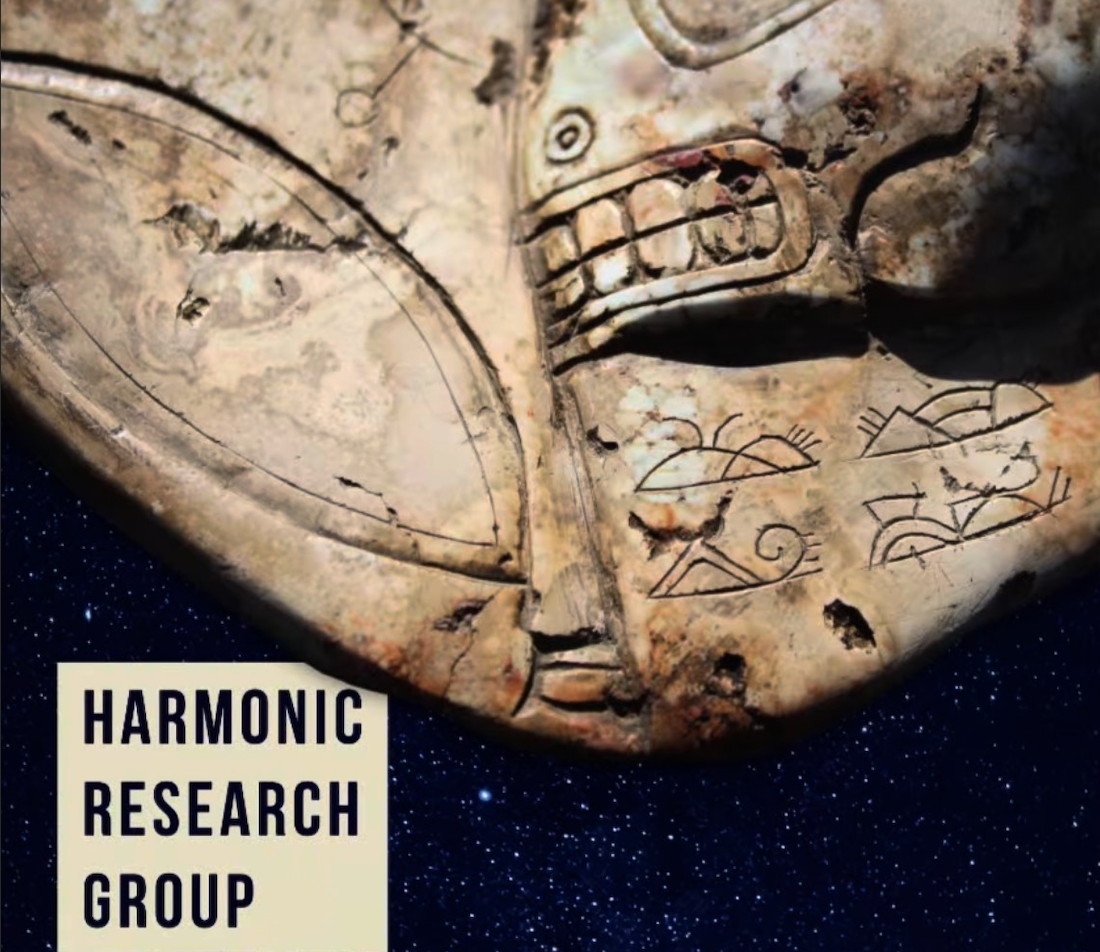 Aztlan Artifacts event artwork: a carved stone mask with an incised face and glyphs set against a starfield, with the Harmonic Research Group badge