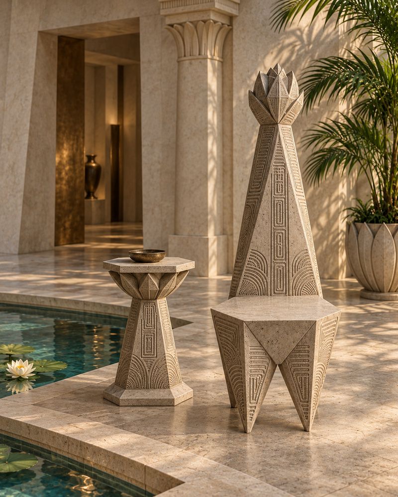 Faceted cast stone accent chair and side table beside a lotus pool