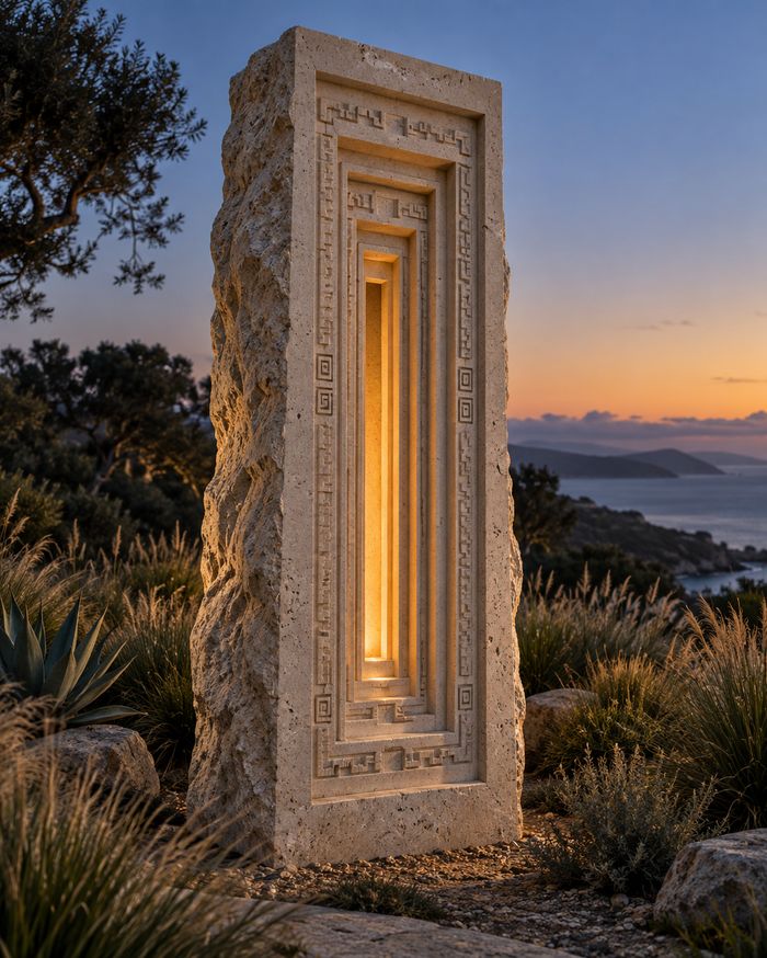 Cast stone light stele glowing at dusk