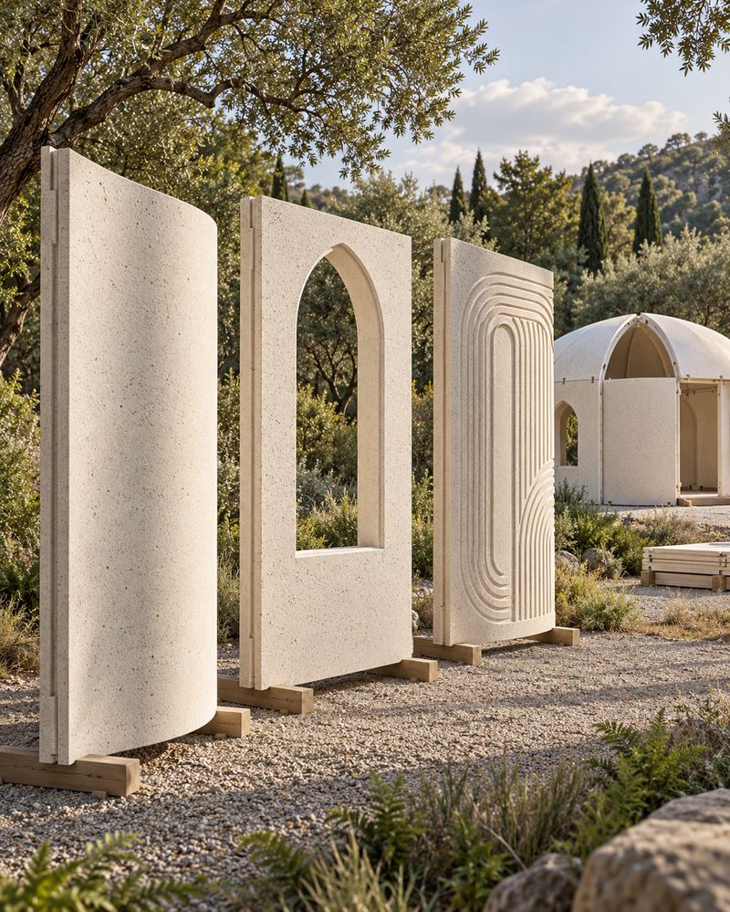 Precast geopolymer wall panels: curved, arched window and relief panel, with a panel-built dome behind