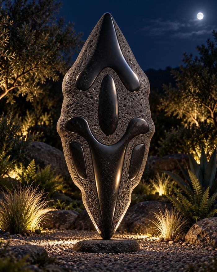 Dark cast stone sculpture at night
