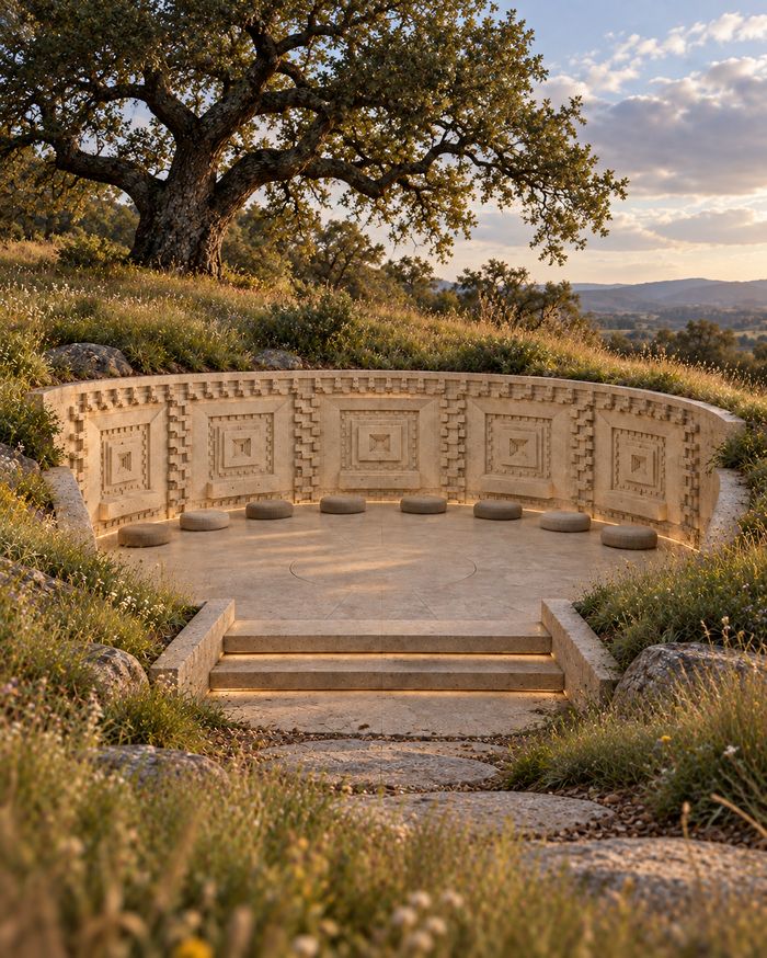 Sunken ceremonial circle with cast relief walls under an oak