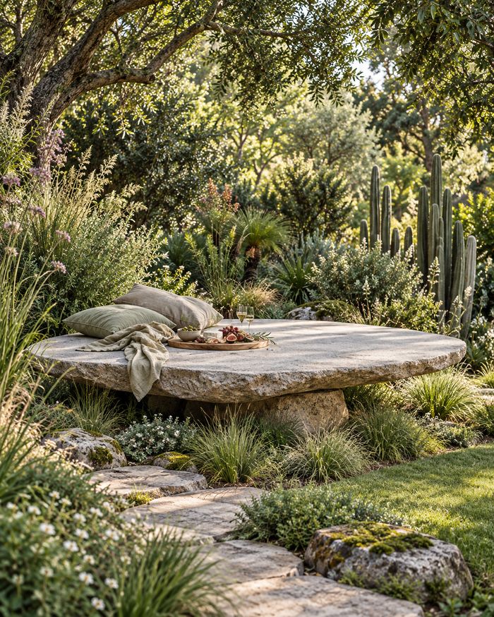 Monolithic stone table in a garden