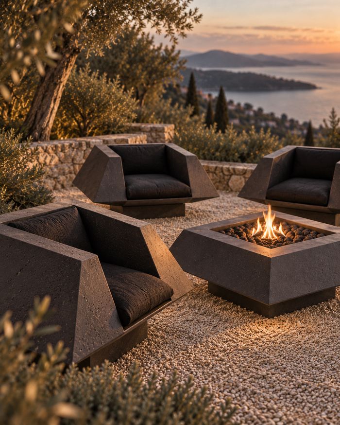 Dark cast stone lounge chairs around a fire pit