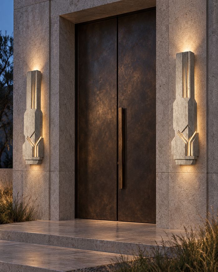 Pair of cast stone wall sconces beside a bronze door